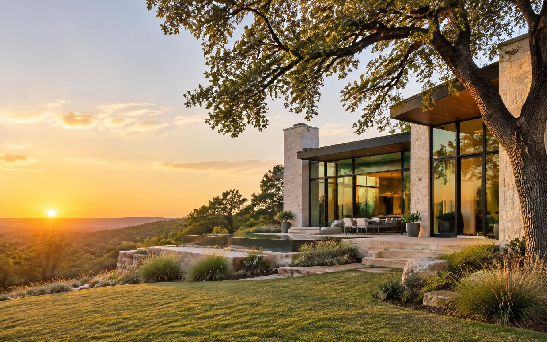 Contemporary Texas home at sunset